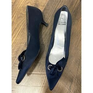 Stuart Weitzman Satin Heels Designer Navy Blue Pointed Toe Sz 8.5M